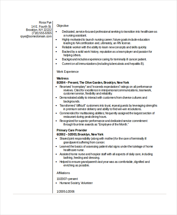 Nursing Assistant Resume
