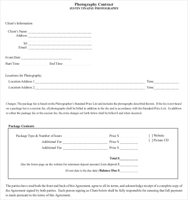 Photography Contract Agreement to Client Free Down