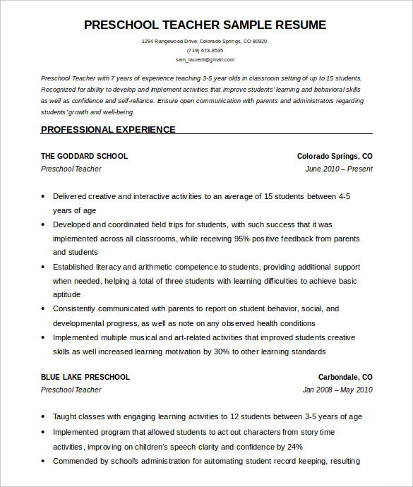 PreSchool Teacher Resume Template Free Word Download