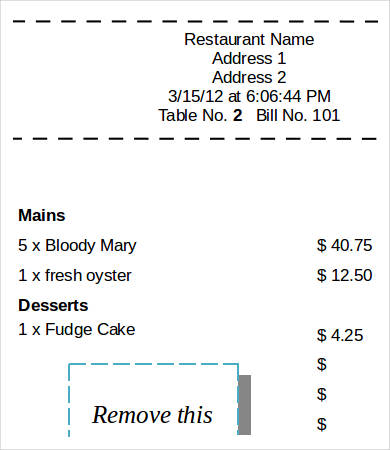 Printable Restaurant Sales ReceiptPrintable Restaurant Sales Receipt