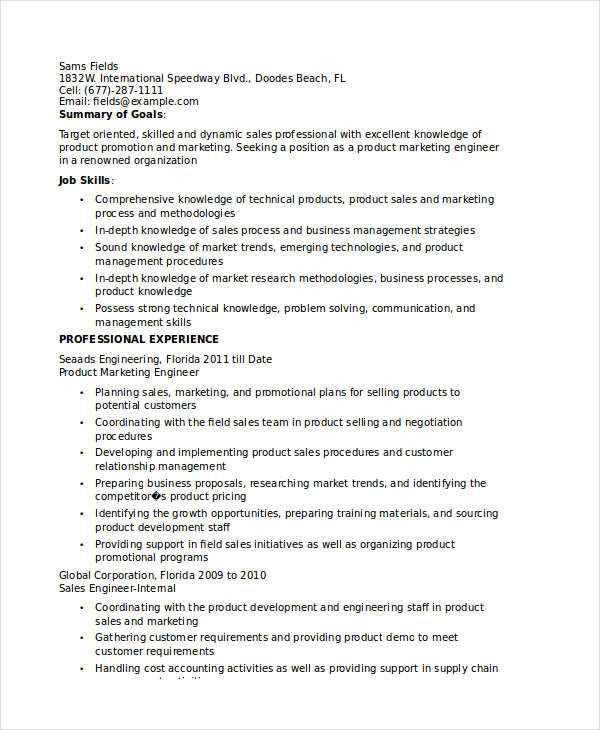 Product Marketing Engineer Resume