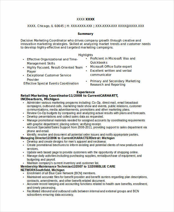 Retail Marketing Coordinator Resume