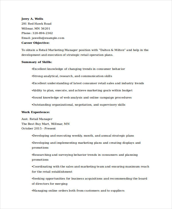 Retail Marketing Experience Resume