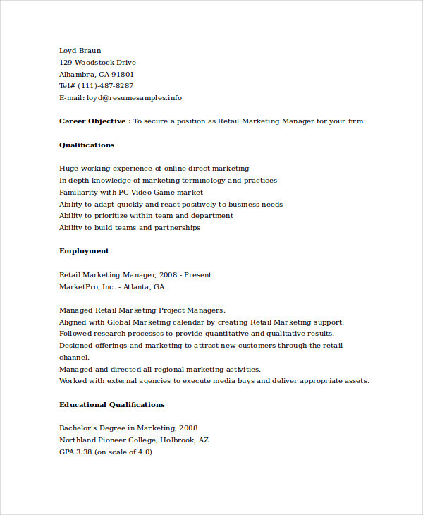 Retail Marketing Manager Resume