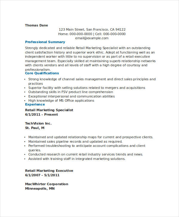 Retail Marketing Specialist Resume