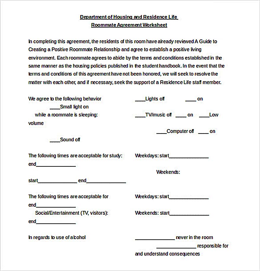 Roommate Agreement Worksheet Document