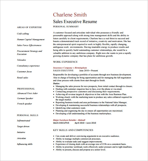 Sales Executive Resume Free