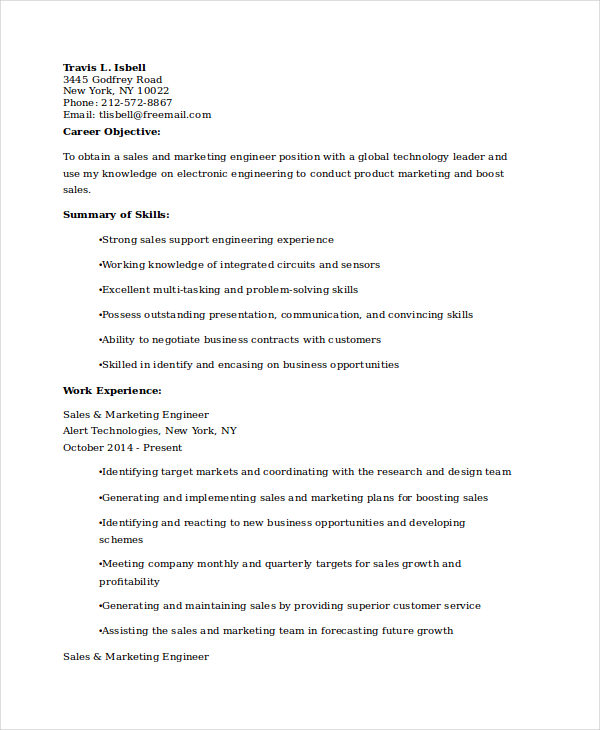 Sales Marketing Engineer Resume