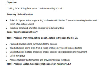 Sample Acting Teacher Coach Resume Template