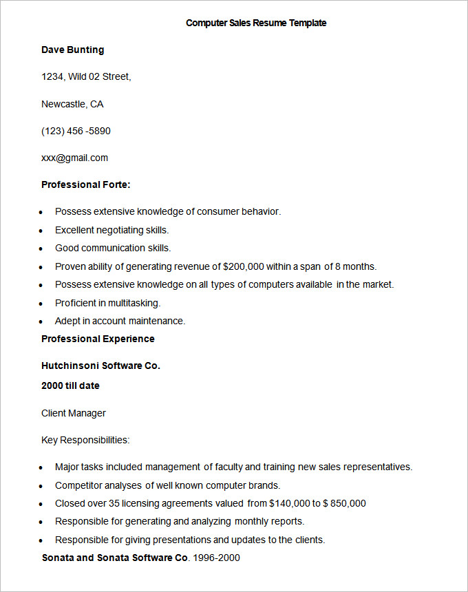 Sample Computer Sales Resume Template