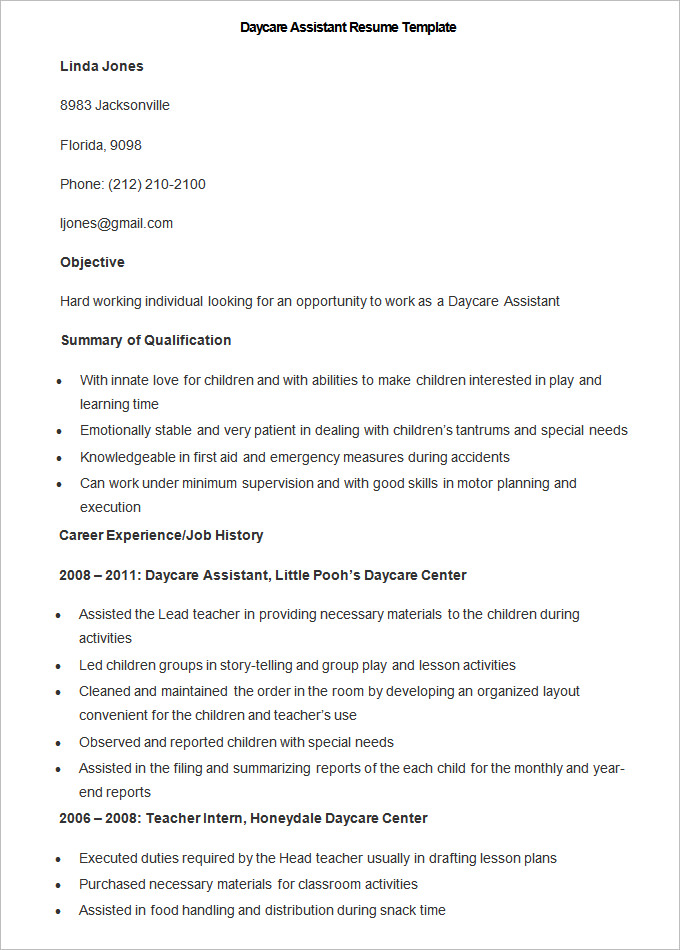Sample Daycare Assistant Resume Template