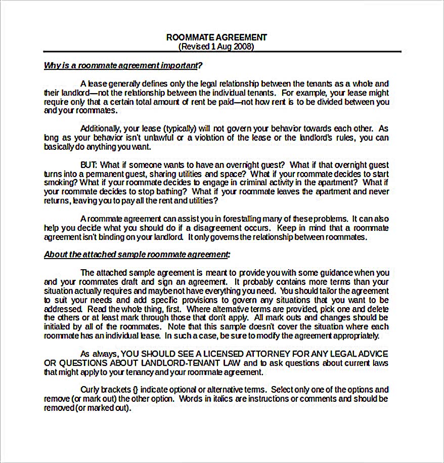 Sample Download Roommate Agreement Template