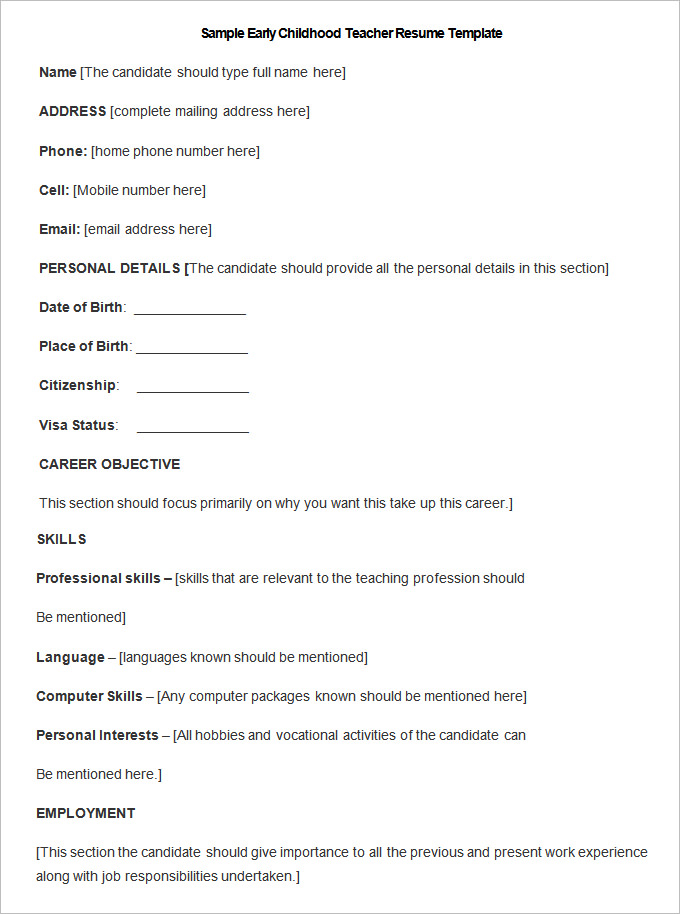 Sample Early Childhood Teacher Resume Template