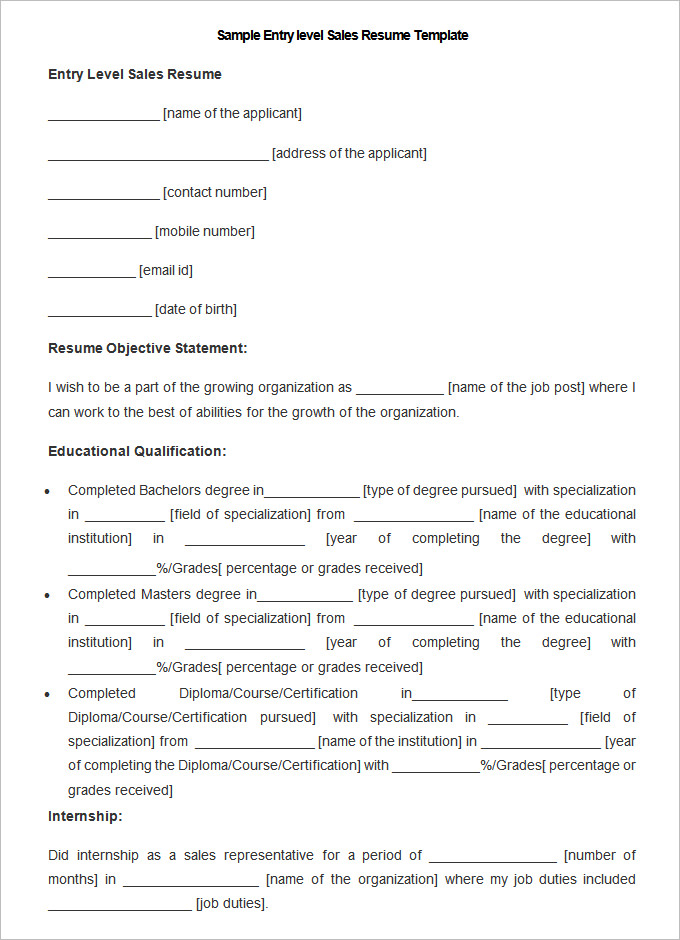Sample Entry Level Sales Resume Template