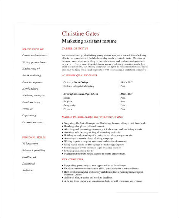 Sample Marketing Assistant Resume
