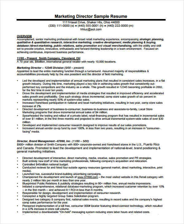 Sample Marketing Director Resume