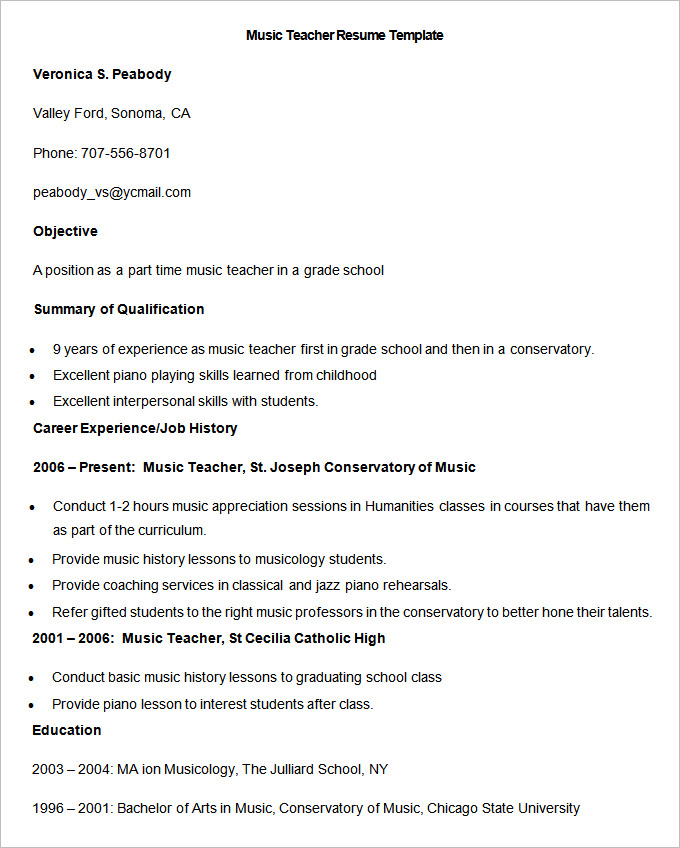 Sample Music Teacher Resume Template