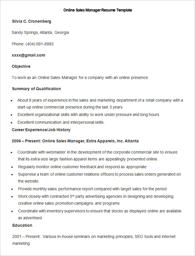 Sample Online Sales Manager Resume Template