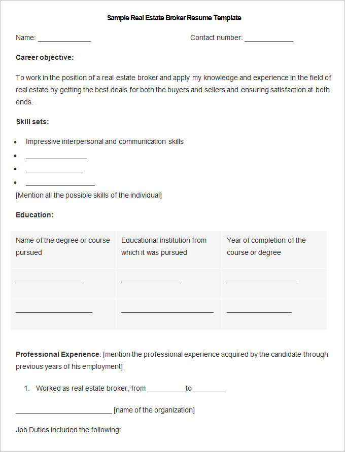 Sample Real Estate Broker Resume Template