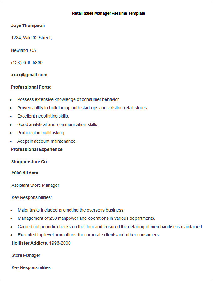 Sample Retail Sales Manager Resume Template