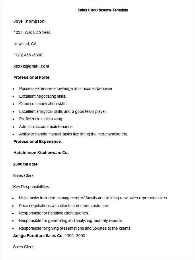 Sample Sales Clerk Resume Template