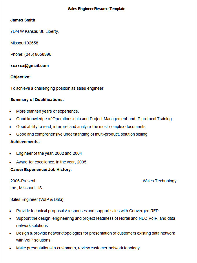 Sample Sales Engineer Resume Template