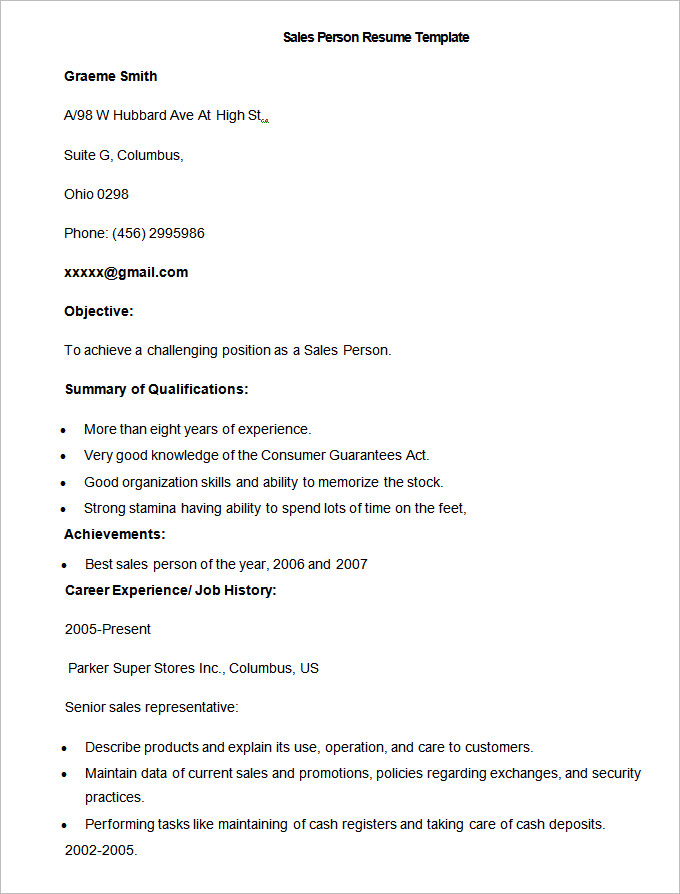 Sample Sales Person Resume Template