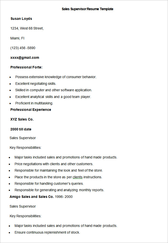 Sample Sales Supervisor Resume Template