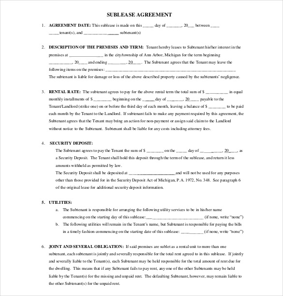 Sample Sublease Agreement Download