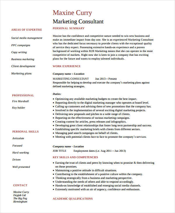Senior Marketing Consultant Resume