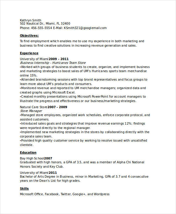 Small Business Marketing Resume