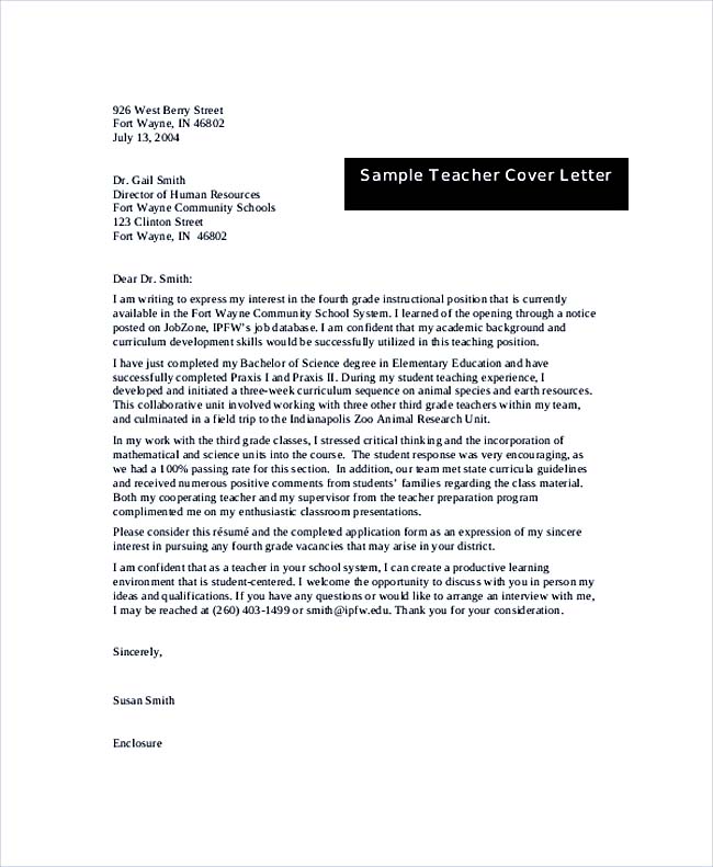 Teacher Cover Letter Free Download