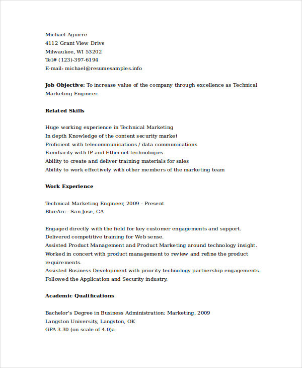 Technical Marketing Engineer Resume