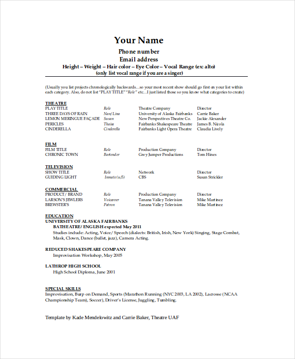 Technical Theatre Resume Template