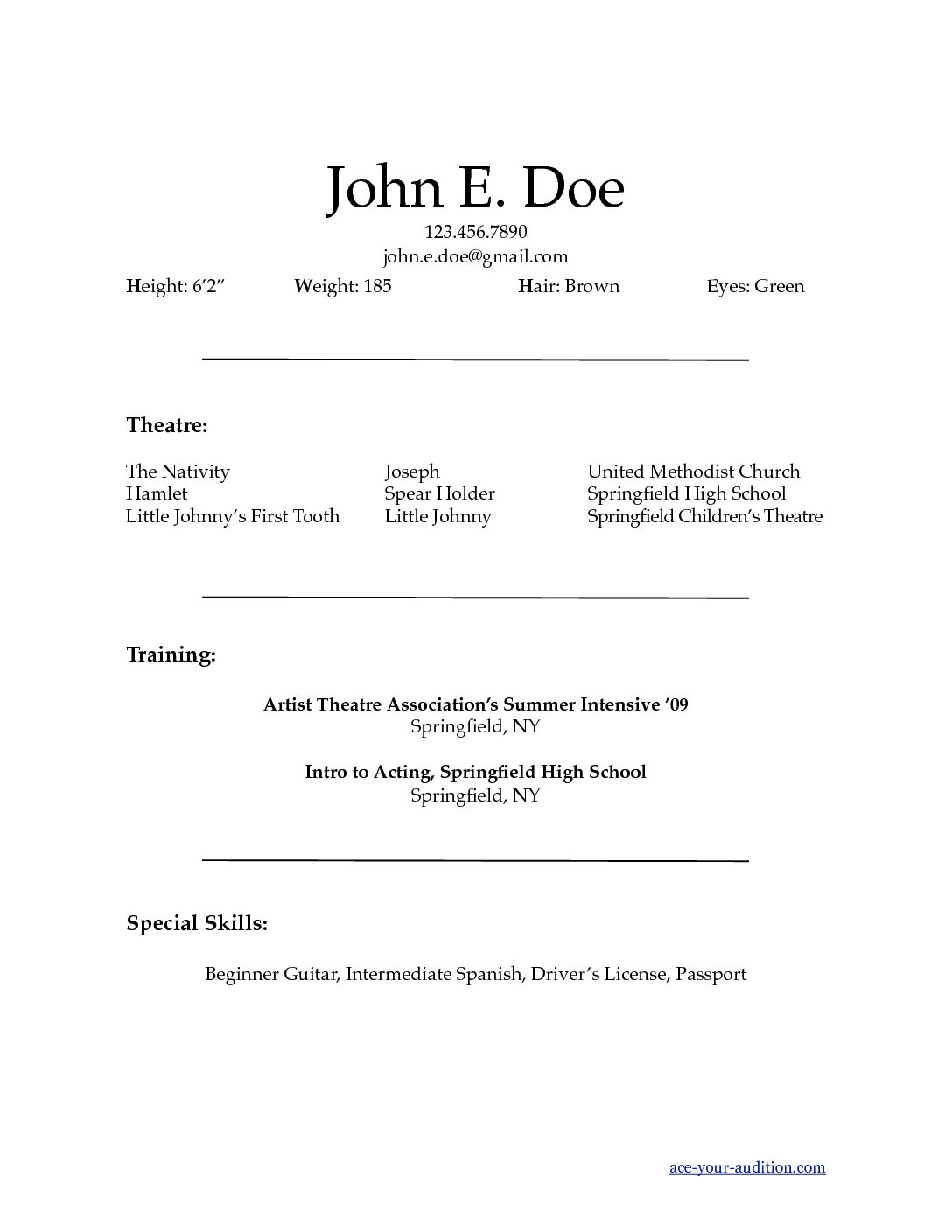 Theatre Actor Resume