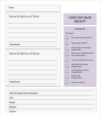 Used Car Sales Receipt Template