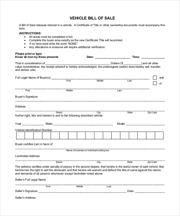 Vehicle Bill of Sale Template1