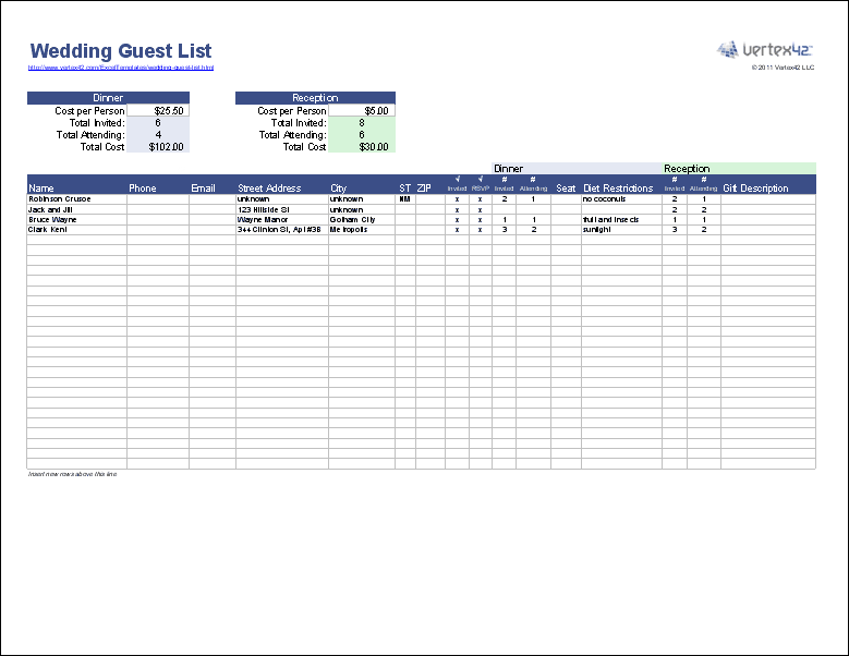 Wedding Guest list Template for Excel