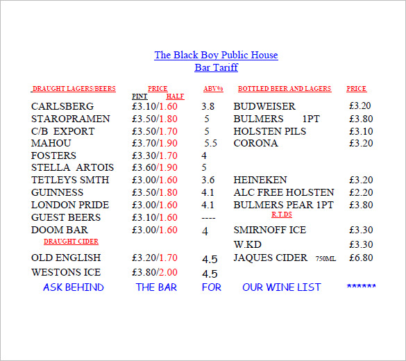 bar price list template