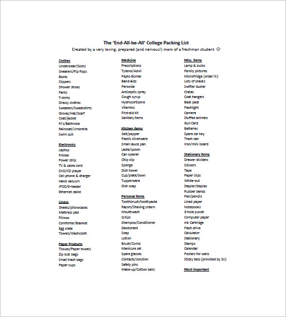 college packing list