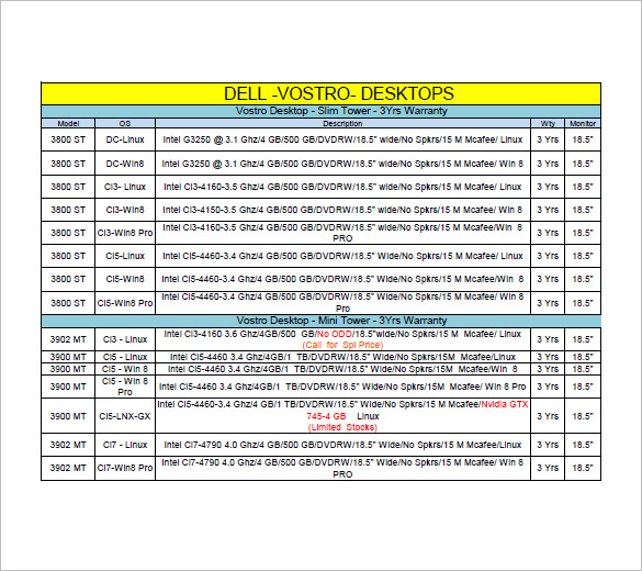 desktop computer price list