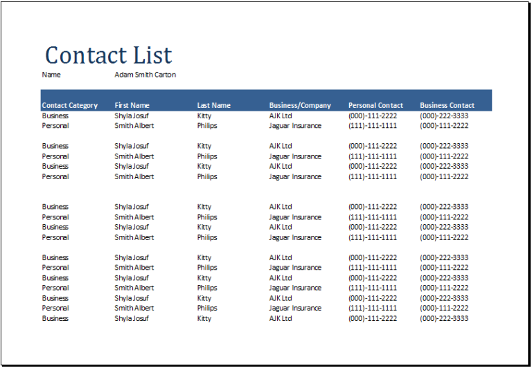 free contact list sample