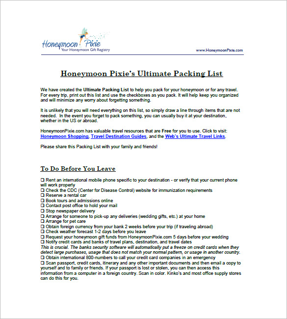 honeymoon packing list