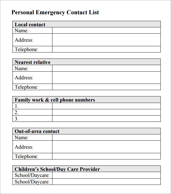 personal emergency contact list