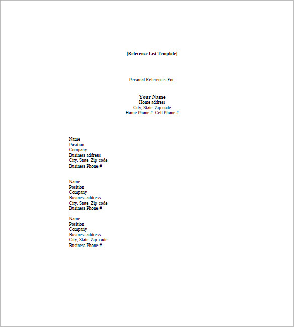 personal reference list template