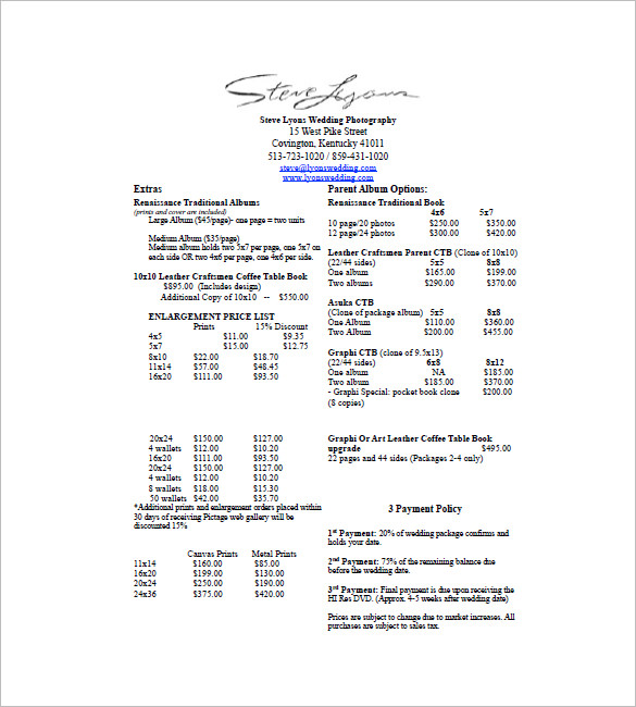 photography price list template