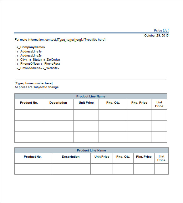 price list template word