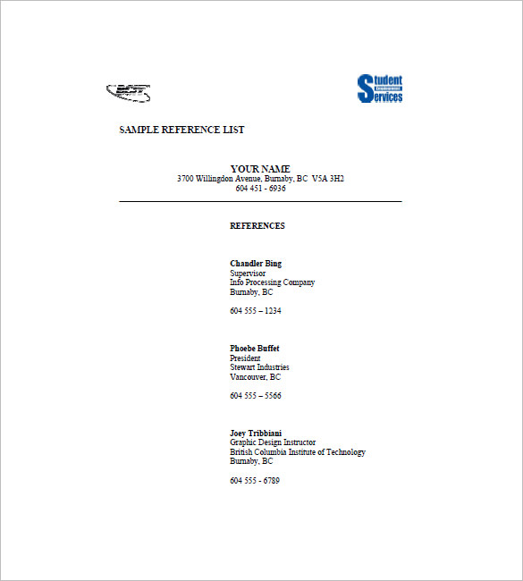 professional reference list template