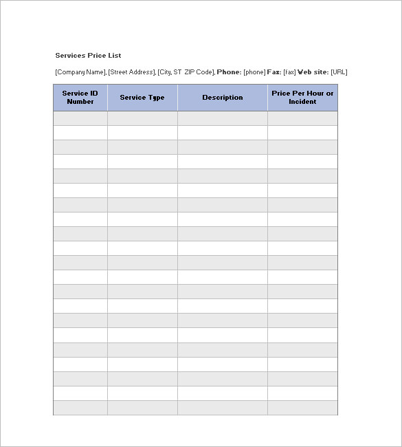 service price list template