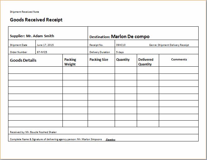 Shipment Delivery Receipt Template
